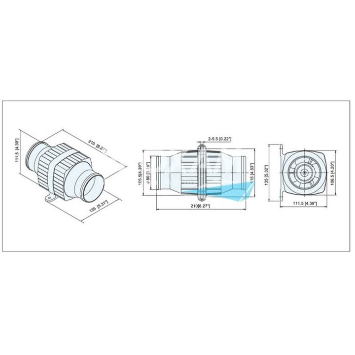 BLOWER EN LIGNE 12V ø76MM DEBIT 3.6M3/MN
