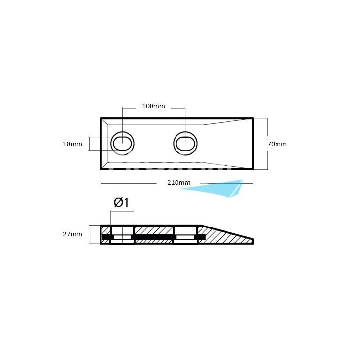 ANODE ZINC - PLAQUE 210x70x27MM ENTRAXE 100MM