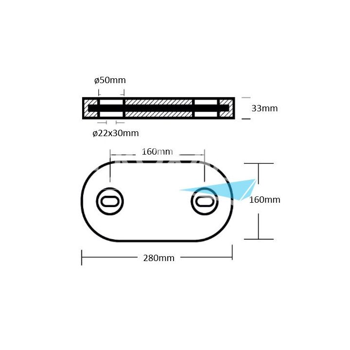 ANODE ZINC - OVALE 280x160x34 ENTRAXE 160MM 7KG